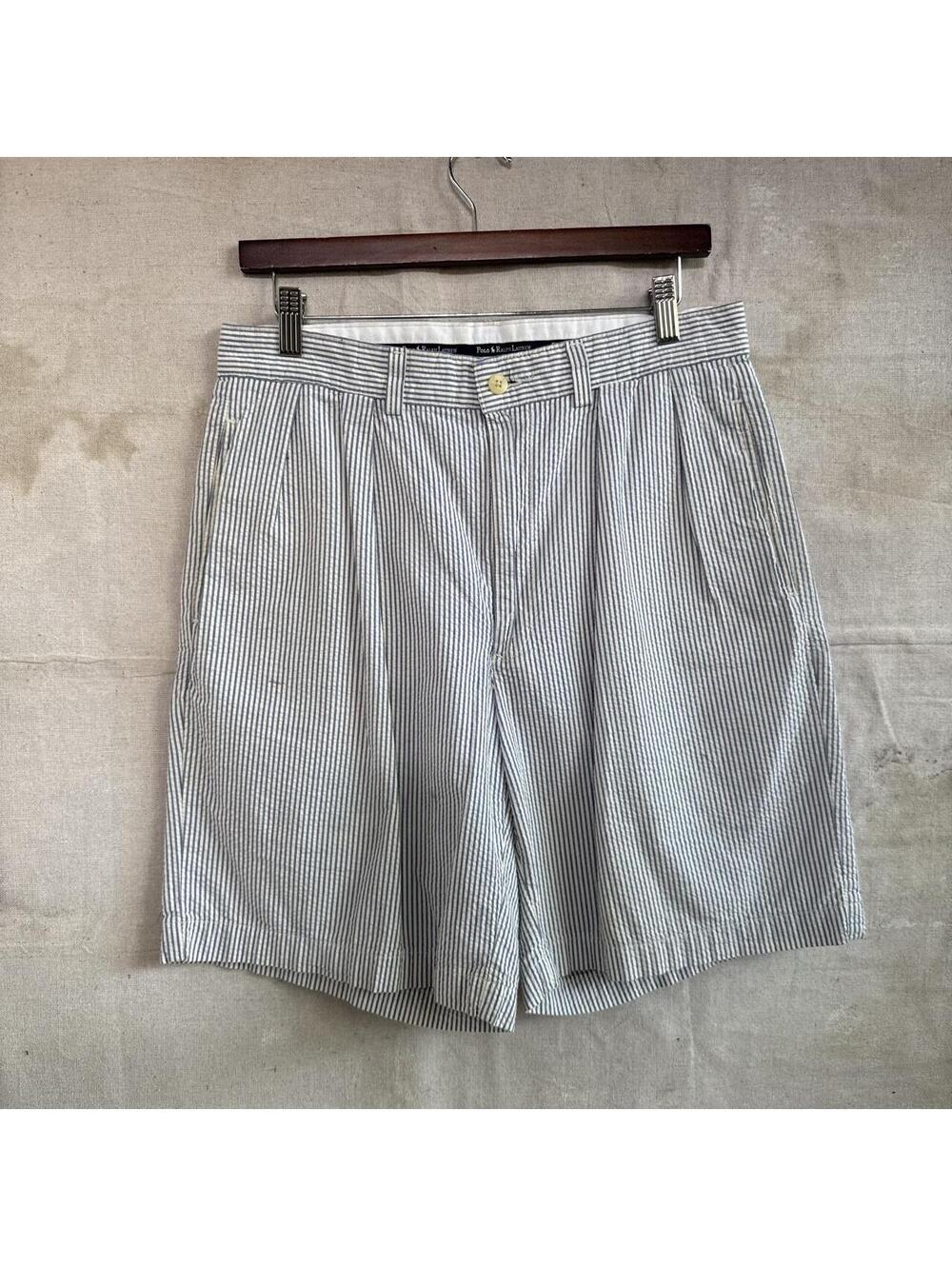 VTG 90s Polo Ralph Lauren Pinstripe Pleated White Blue Shorts Size 31